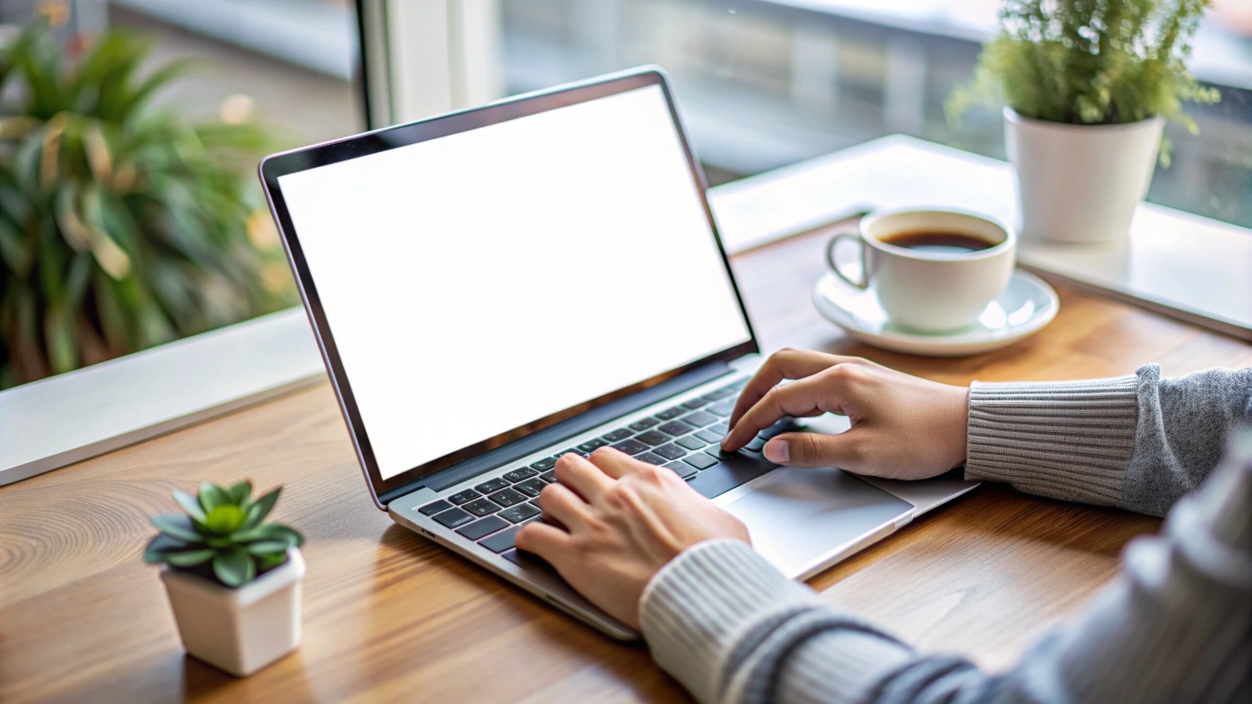 woman typing on laptop with a cup of coffee and plants in the background.